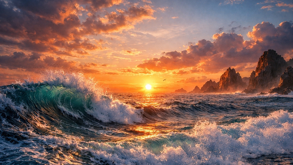 Golden Hour Ocean Waves Beneath a Dramatic Sunset Sky wallpaper