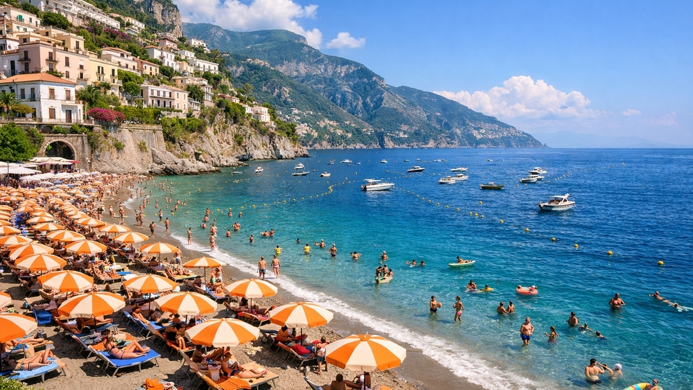 Sunlit Italian Coastline City Beach with Boats and Summer Vibes wallpaper
