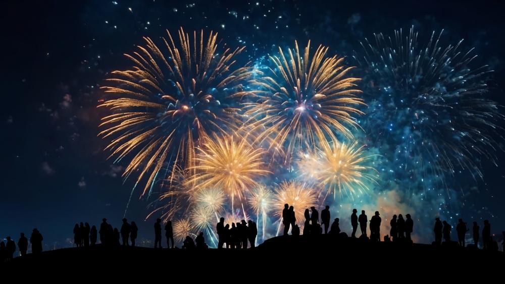 New Years Day Fireworks Over Silhouetted Crowd Celebration Night wallpaper