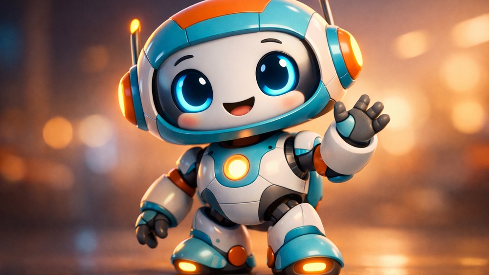 Cheerful Chibi Robot Companion in a Glowing Futuristic Fantasy World wallpaper