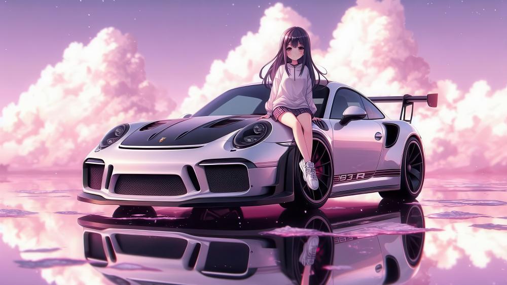Pink Horizon Porsche 911 GT3 RS Anime Reflection Dreamscape wallpaper