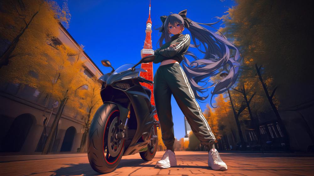 Blue Haired Rider Under a Tokyo Skyline in Crisp Anime Style wallpaper