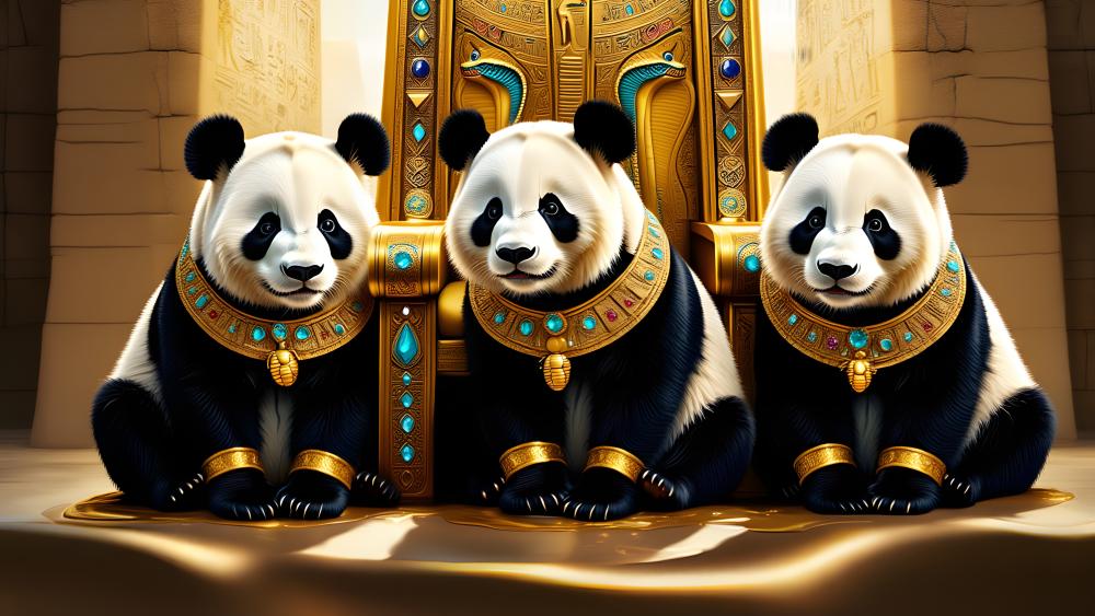 Royal Panda Trio in Ancient Golden Temple AI Art 5K wallpaper