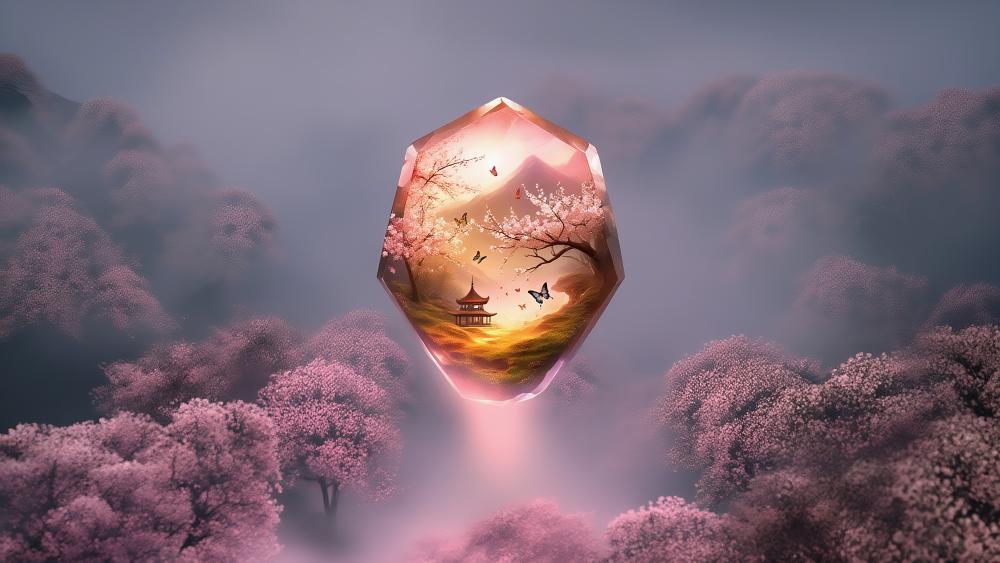 Cherry Blossom Gem Sanctuary in Misty Oriental Dreamscape wallpaper