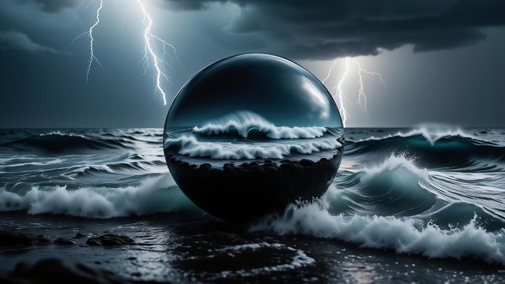Thunderlit Ocean Sphere Amid Storm Waves and Reflections wallpaper