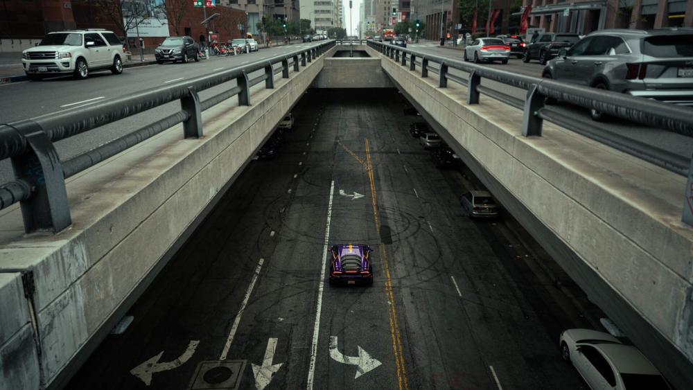 Urban Underpass Drive Purple Supercar on Dark Asphalt Road wallpaper