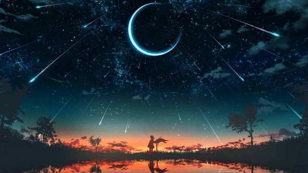 Crescent Moon Meteor Shower Over Tranquil Twilight Lake wallpaper