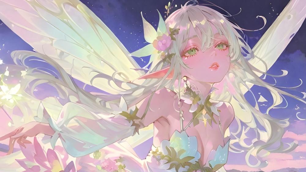 Celestial Elf Fairy Soaring Through Pastel Twilight Skies wallpaper