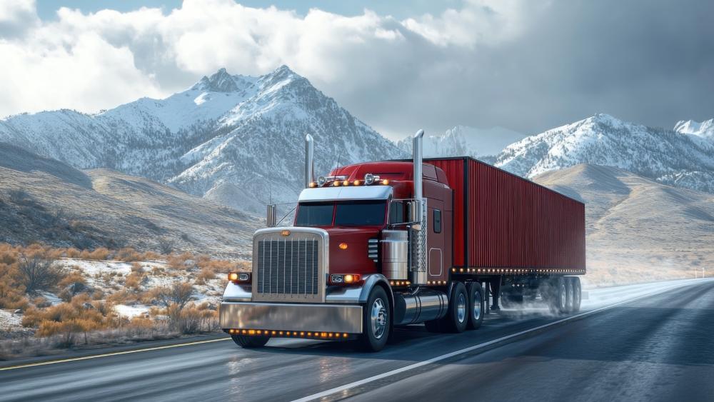 Red Semi Truck Hauling Freight Through Snowy Mountain Highway wallpaper