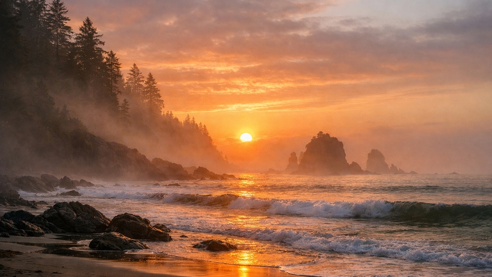 Vancouver Island Afterglow Over Misty Shoreline and Sea Stacks wallpaper