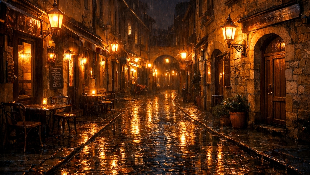 Lantern Lit Rainy Cobblestone Alley in a Quiet European Night wallpaper