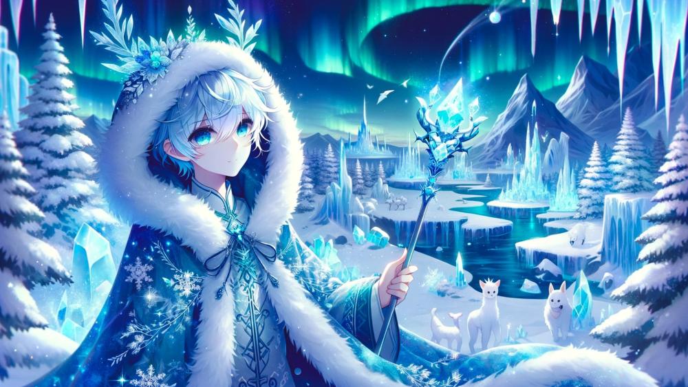 Aurora Ice Princess with Blue Hair and Crystal Magic wallpaper