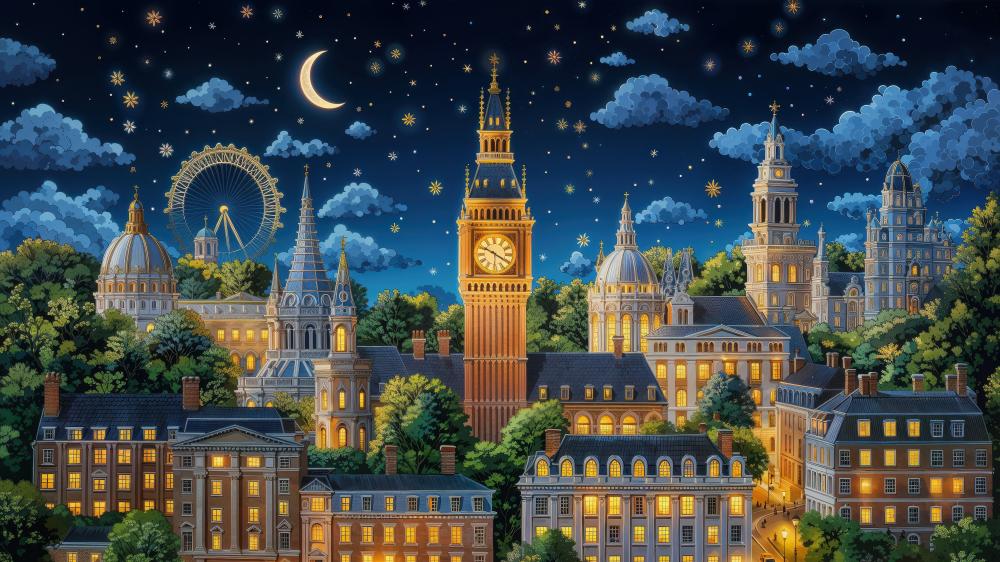 Crescent Moon Over Enchanted London Cityscape with Glowing Big Ben wallpaper