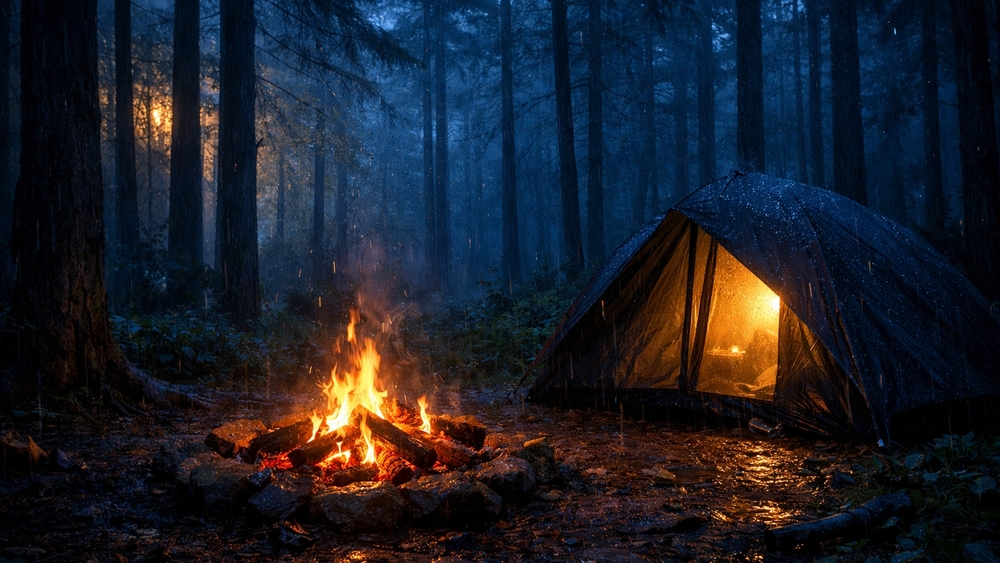 Rainy Night Campfire Beside a Glowing Tent in Deep Forest wallpaper