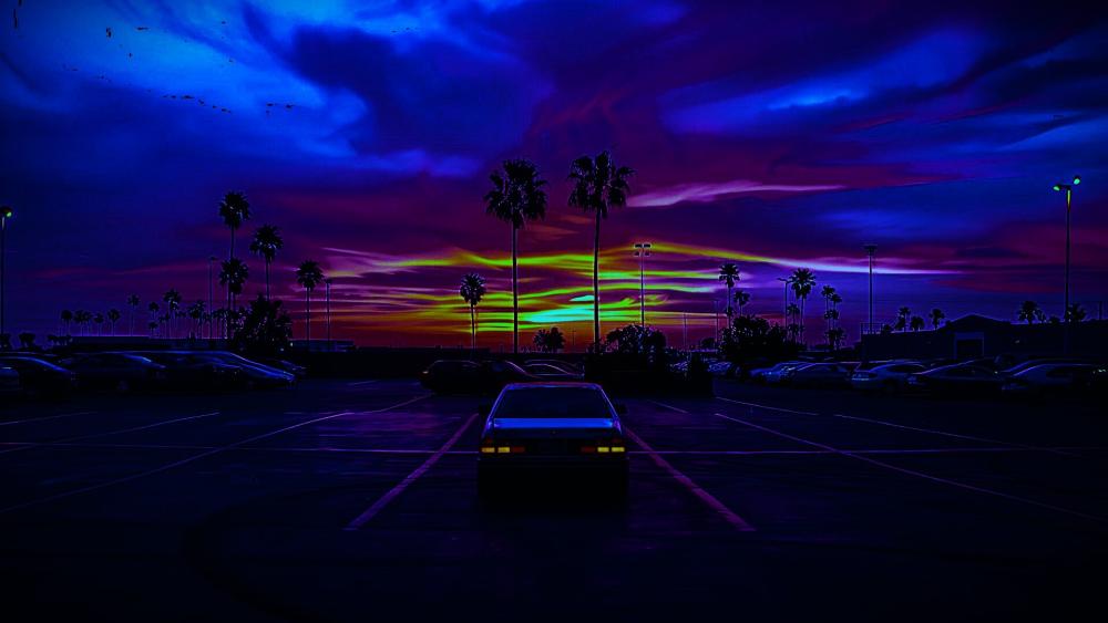 Vaporwave Dusk Drive Through Neon Parking Lot Serenity wallpaper