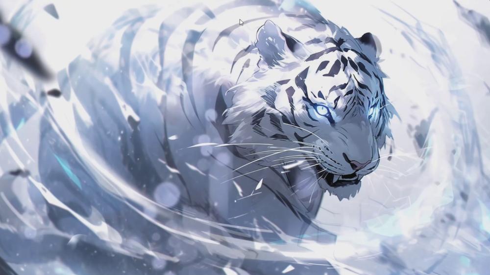 Glacial Guardian White Tiger with Radiant Eyes in Anime Style wallpaper
