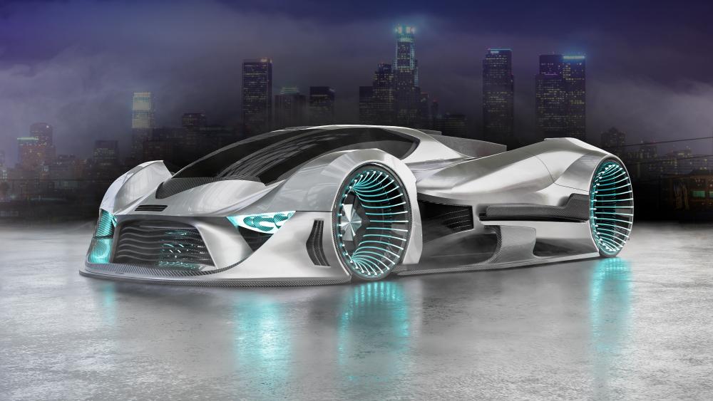 Neon Rim Hypercar Concept in Rainy Night Cityscape 4K wallpaper