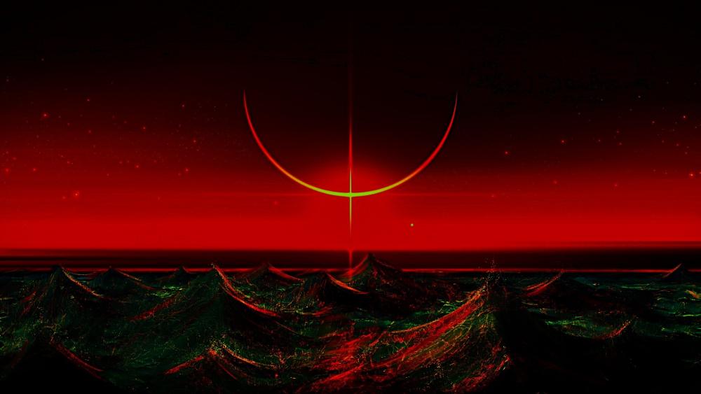 Crimson Crescent Horizon Over Abstract Cosmic Sea wallpaper