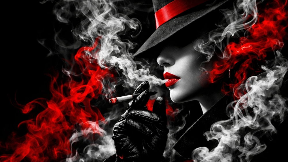 Crimson Noir Smoke Lady in Hat and Gloves wallpaper