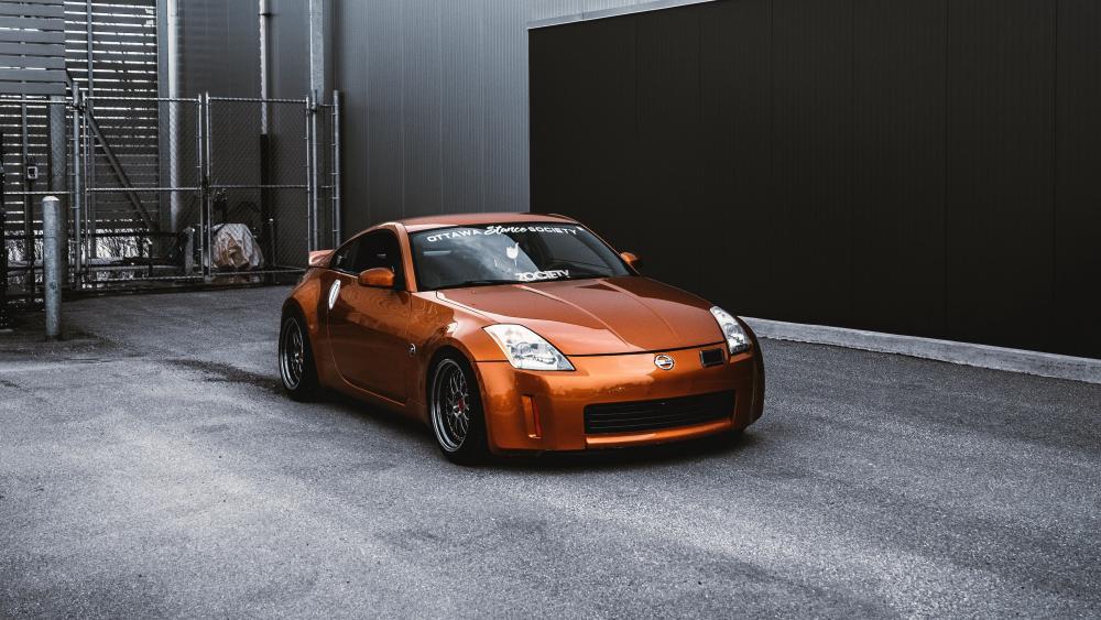 Copper Nissan 350Z Street Stance in Moody Industrial Alley wallpaper