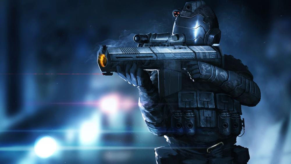 Armored Sci Fi Warrior Aiming Plasma Rifle in Neon Haze wallpaper