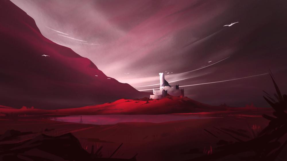 Crimson Dusk Over the Lonely Fantasy Castle in 4K wallpaper