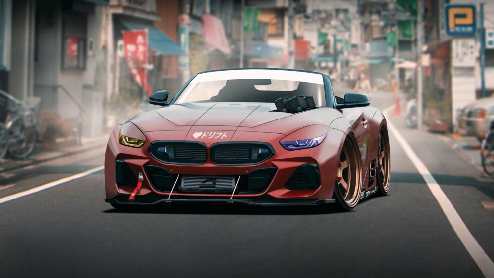 Low Stance BMW Z4 Roadster Cruising a Neon City Street wallpaper