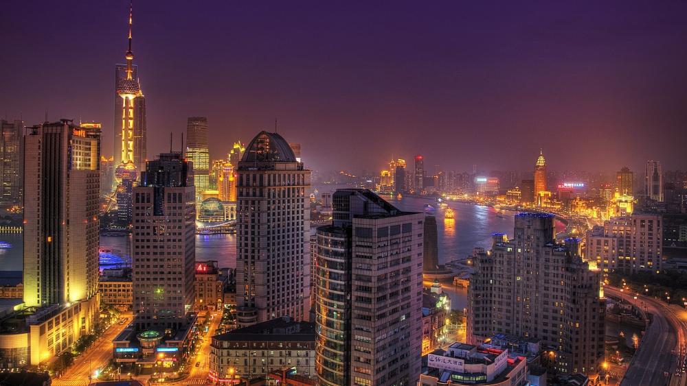 Shanghai Bund Night Skyline Over Huangpu River Glow wallpaper