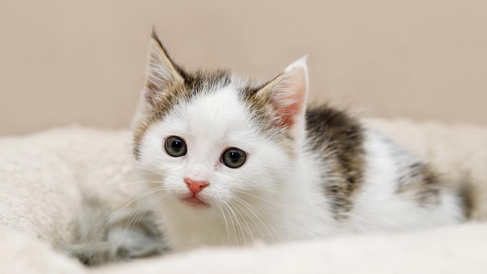 Soft White Kitten Resting on Cozy Blanket in Gentle Light wallpaper