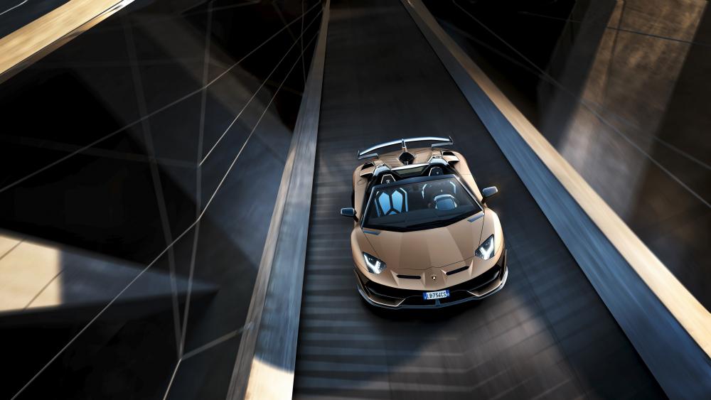 Golden Lamborghini Aventador SVJ Roadster Racing Through Urban Shadows wallpaper