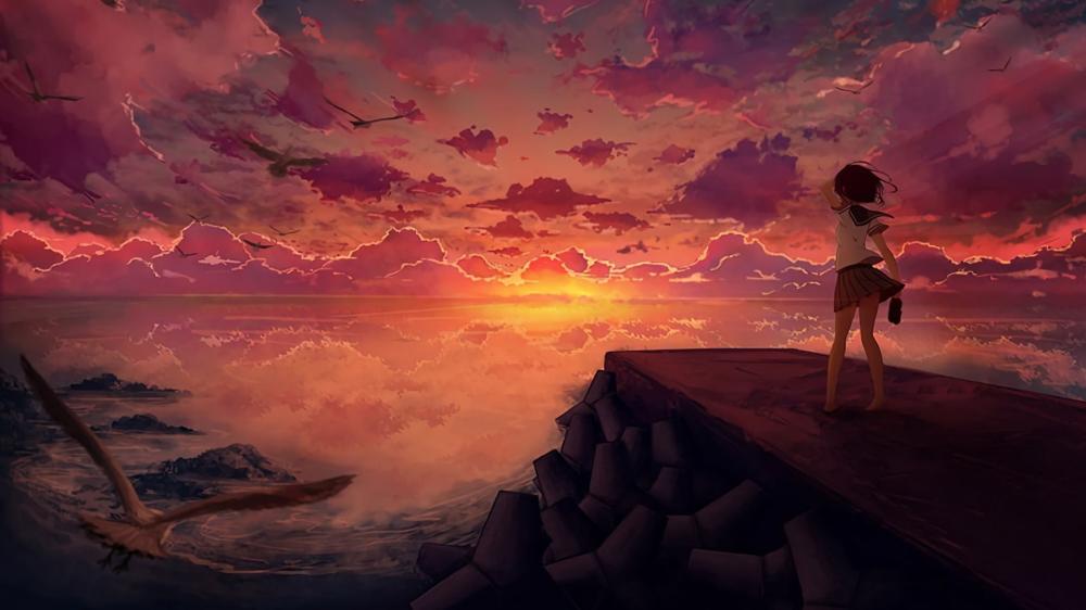 Solitary Girl Watching a Burning Anime Sunset Over Endless Sea wallpaper