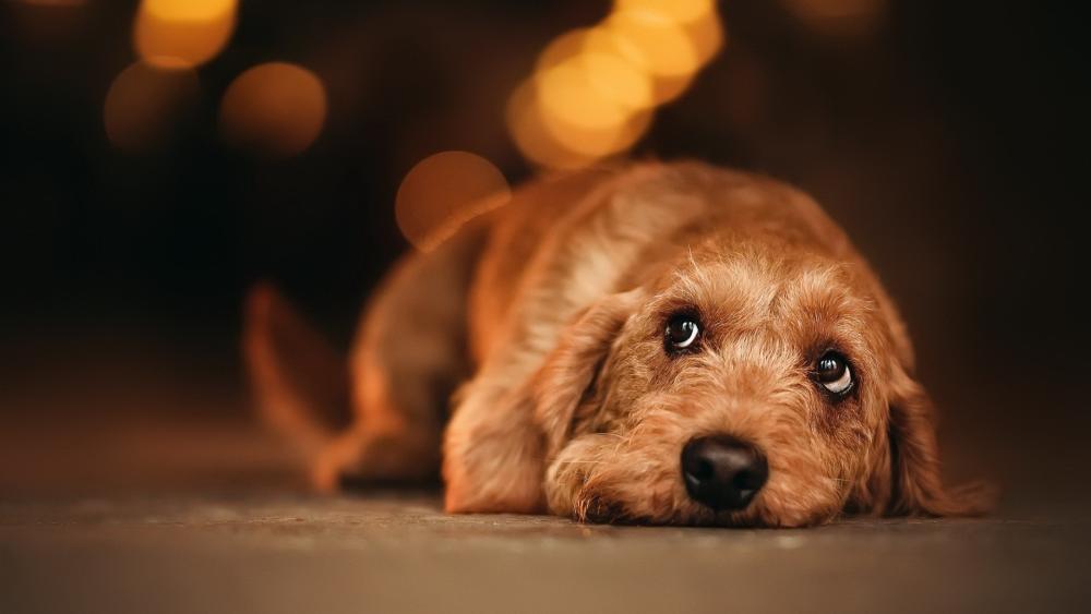 Cozy Wire Haired Dachshund Resting in Warm Evening Bokeh wallpaper