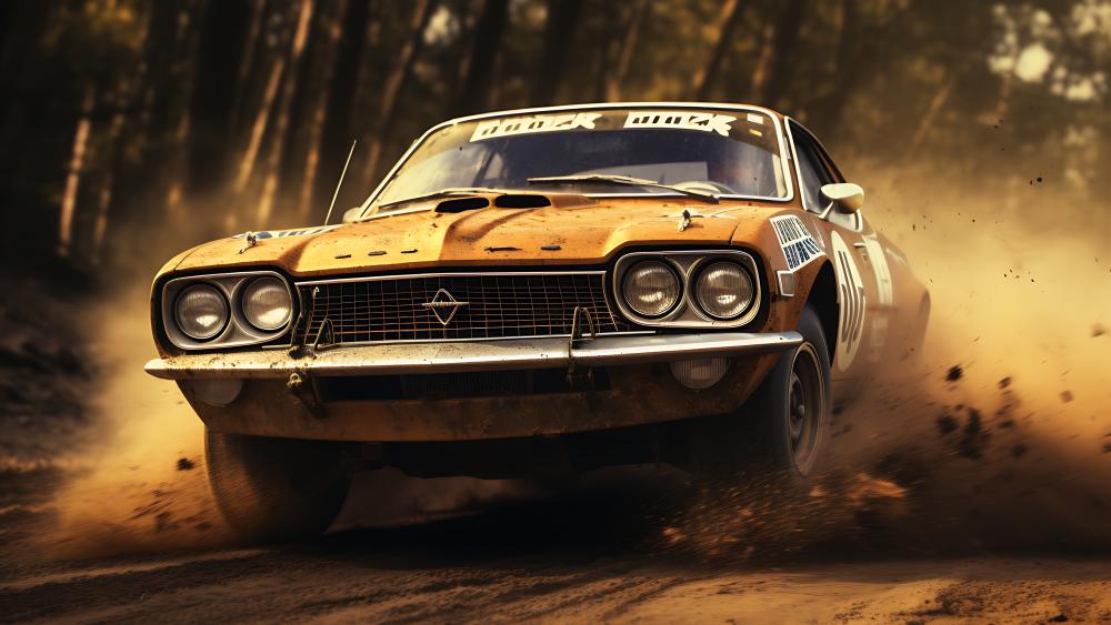 Vintage Rally Car Charging Through Forest Dust at 5k Speed wallpaper