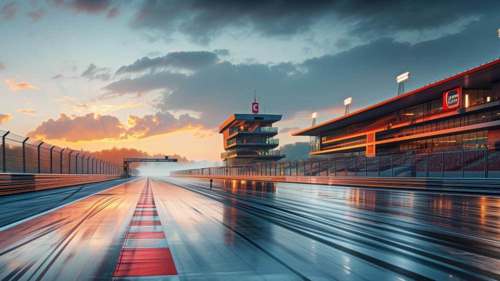 Sunset Reflections on a Modern Race Track in 4K - backiee