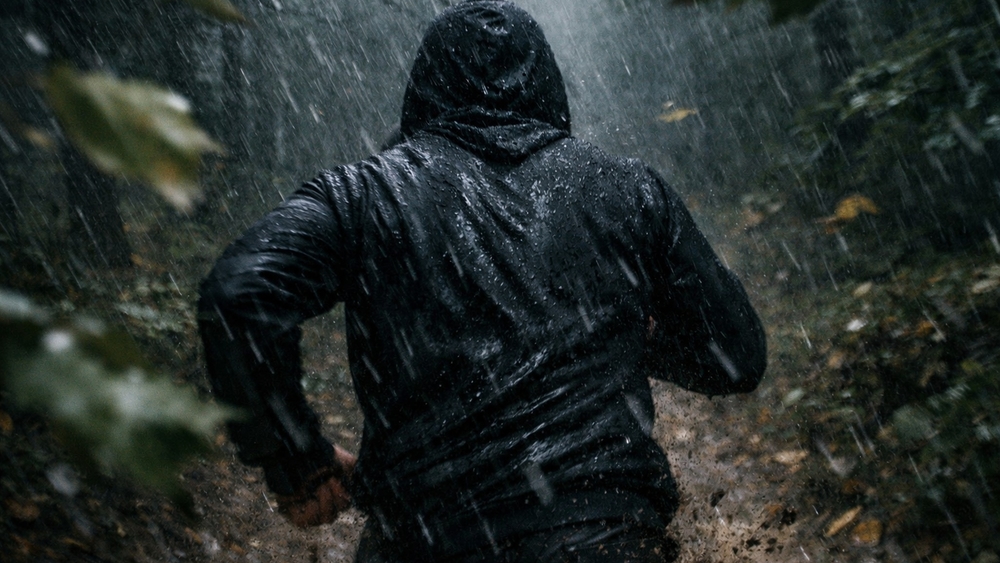 Relentless Rain Run in a Hooded Raincoat wallpaper