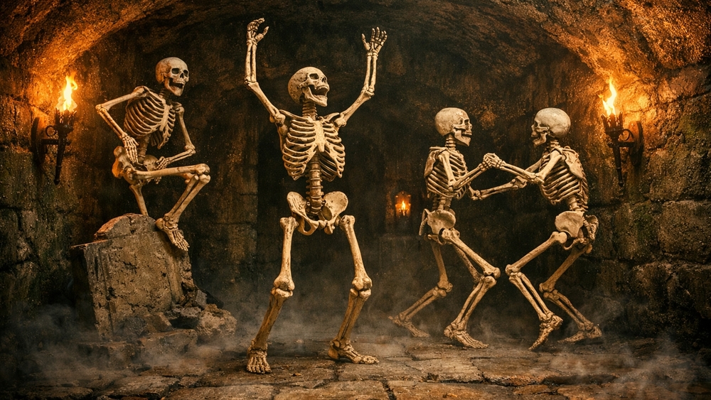 Torchlit Crypt Revelry of Dancing Skeletons in Ancient Stone Chamber wallpaper