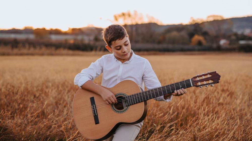 Golden Hour Acoustic Guitarist in Autumn Field Serenity wallpaper