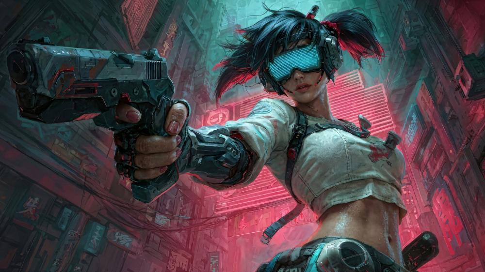 Neon Vengeance Cyberpunk Warrior Girl in Futuristic City Ruins wallpaper