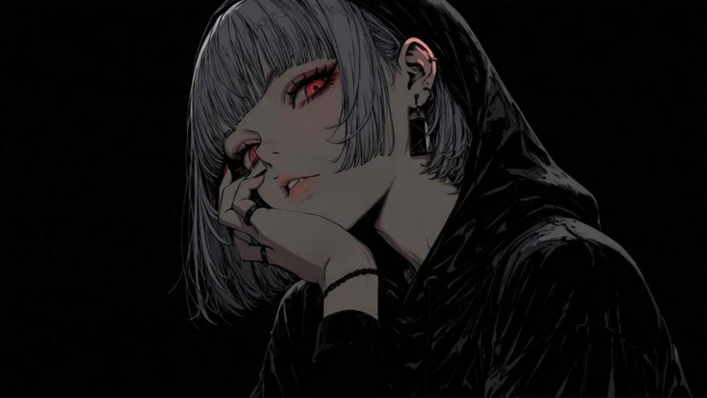 Midnight Gaze Anime Girl on Deep Black Background wallpaper