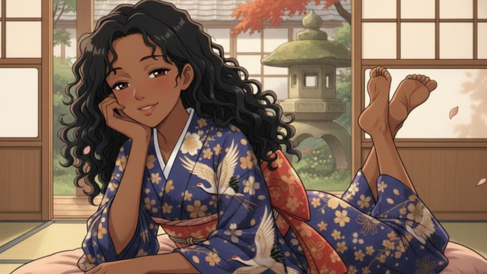 Serene Kimono Dreamer in a Sunlit Japanese Tea Room wallpaper