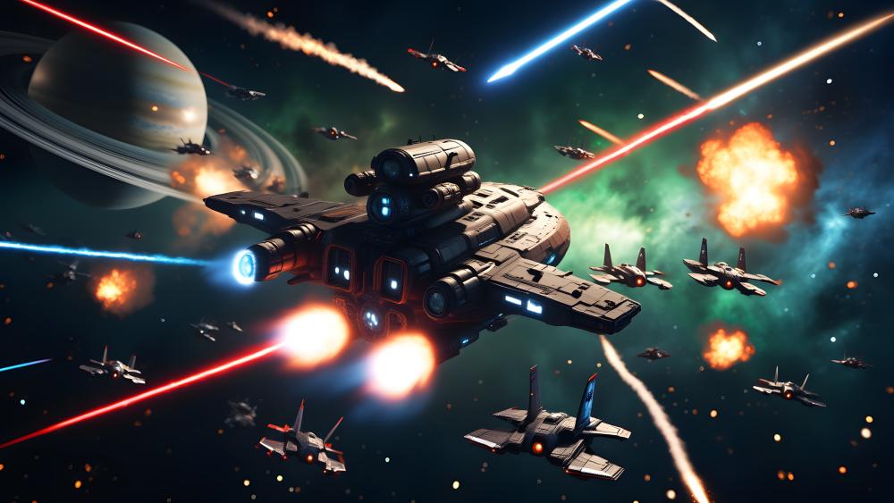 Star Cruiser Leading a Fiery Battlefront Across the Deep Universe wallpaper