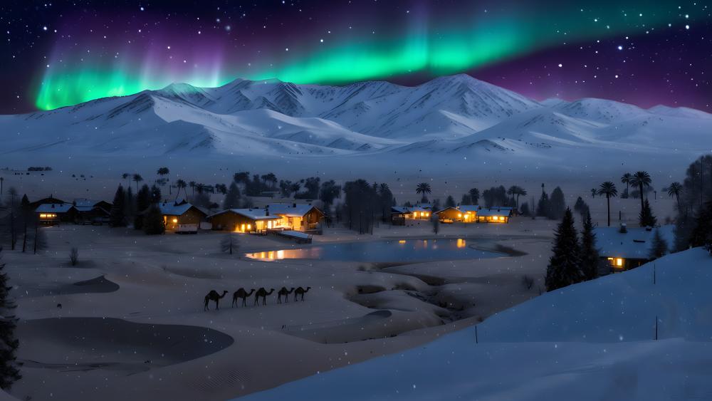 Aurora Desert Night Over Snowy Dunes and Silent Caravan wallpaper