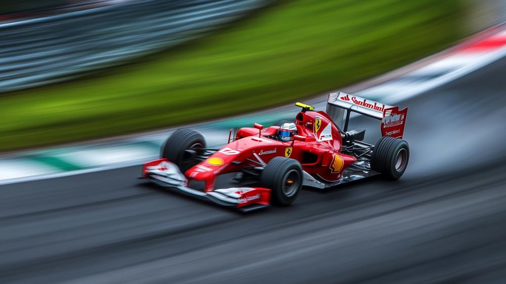 Formula 1 Red Race Car Blazing Through a High Speed Corner wallpaper