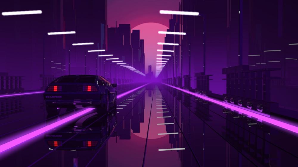 Neon Night Drive Through a Retro Futuristic Cityscape wallpaper