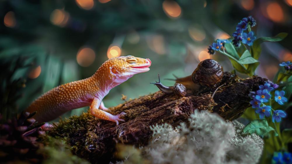 Leopard Gecko Encounter in Enchanted Forest Glow wallpaper