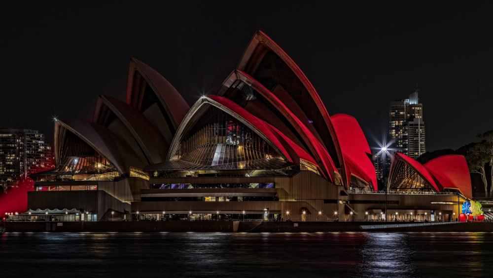Sydney Opera House Glowing Red Over Harbour Waters at Night wallpaper