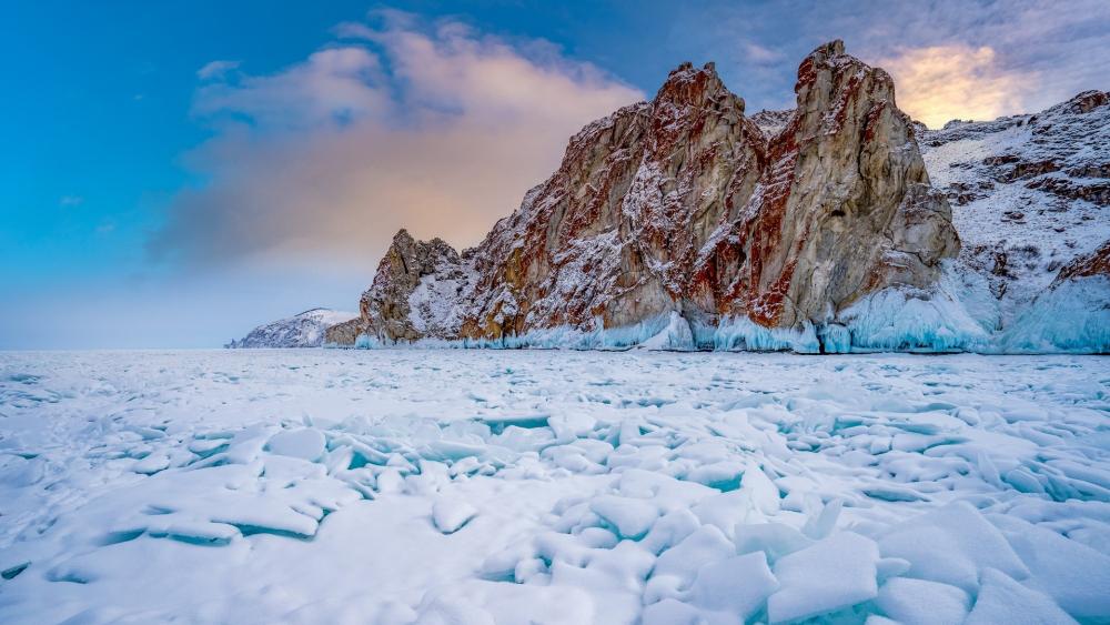 Frozen Lake Baikal Dawn at Cape Burkhan on Olkhon Island wallpaper