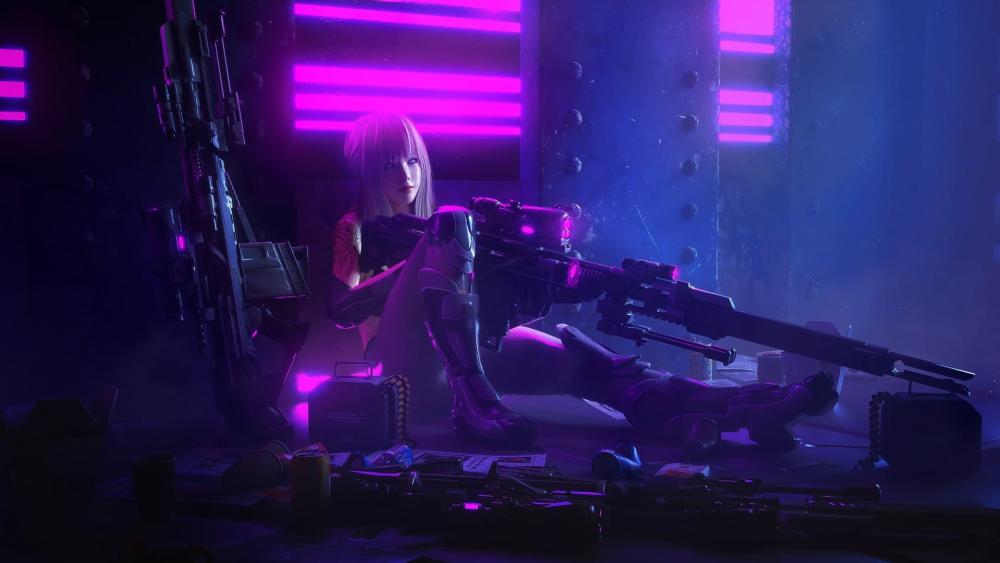 Neon Dusk Sentinel Cyberpunk Warrior in a Futuristic Hideout wallpaper