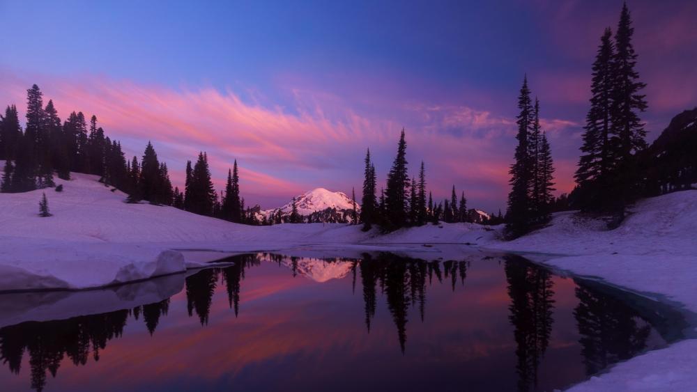 Purple Twilight Reflection at Tipsoo Lake in Mount Rainier Winter wallpaper