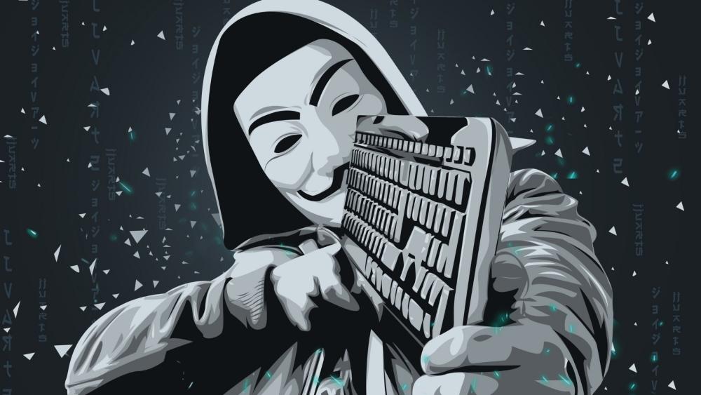 Monochrome Anonymous Hacker Holding Keyboard in Digital Rain wallpaper